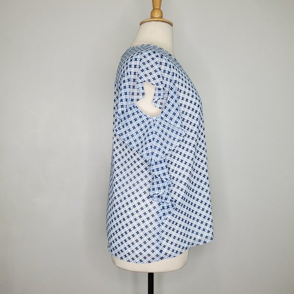 Roz & Ali Blue White Flutter Sleeve Ruffle Side Button Up Top Blouse NEW Size XL - Picture 6 of 15